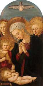 Madonna Adoring the Christ Child, med Johannes Döparen och änglar, ca 1480-1500